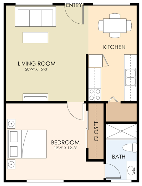 Floor plan for 1 bed, 1 bath, 650 sqft